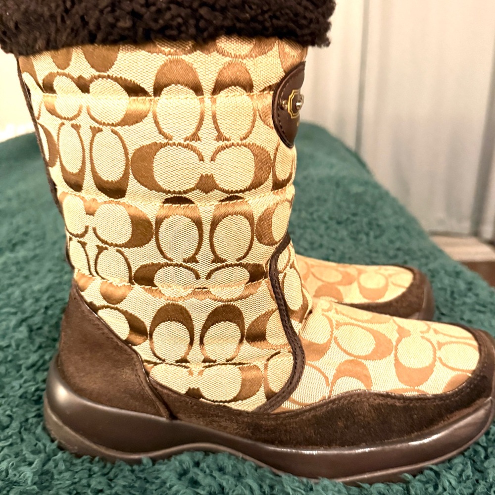 Coach Brown and Tan Combat Moto Boots with Signature Pattern